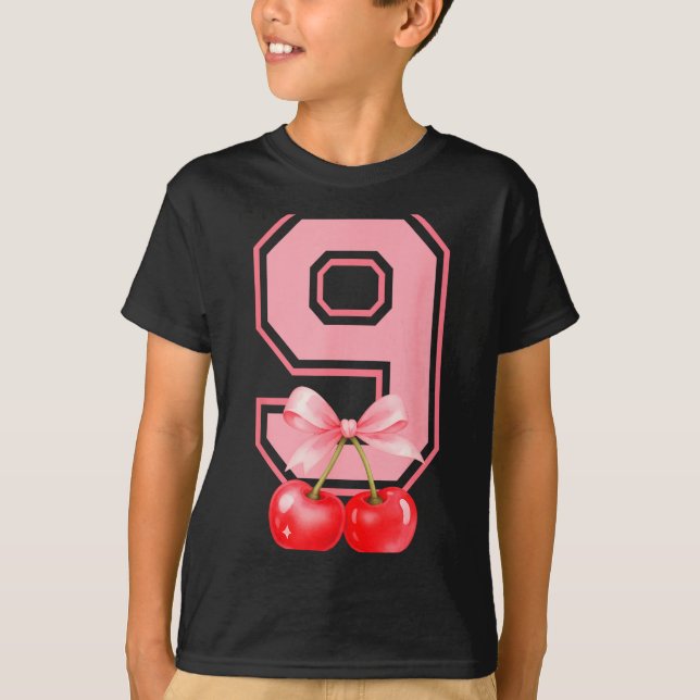 Cute 9th Birthday Girl Nk Cherry Coquette Bow 9 Ye T-Shirt (Vorderseite)