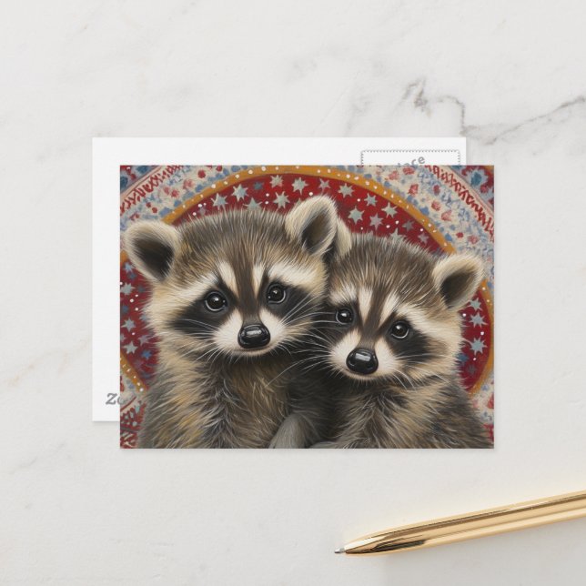 Cute Adorable Baby Raccoons Boho Postkarte (Vorderseite/Rückseite Beispiel)