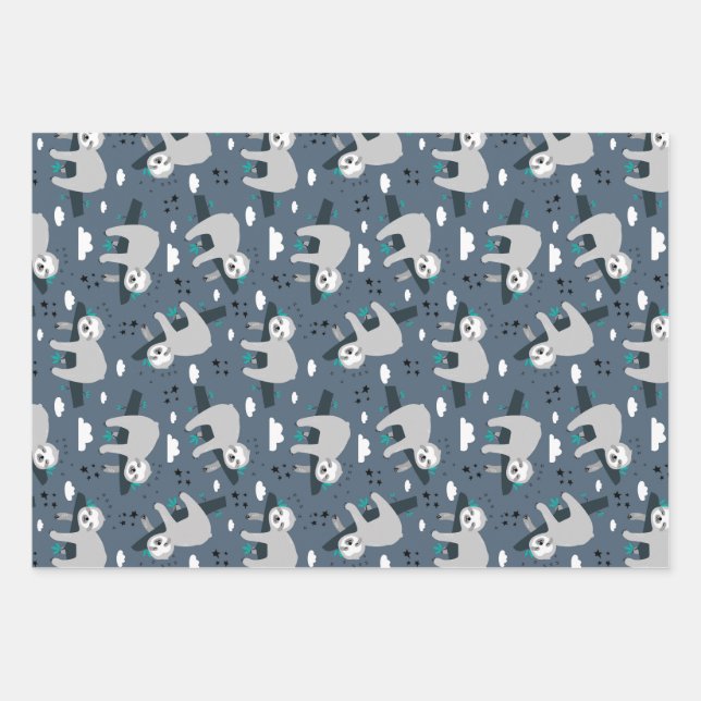 cute adorable gray sloth pattern blue background geschenkpapier set (Vorderseite)