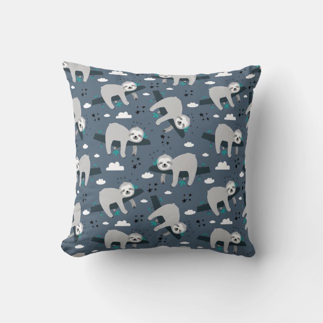 cute adorable gray sloth pattern blue background kissen (Vorderseite)