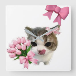 Cute Aesthetic Cat with Pink Bows Wall Clock - Coq Quadratische Wanduhr