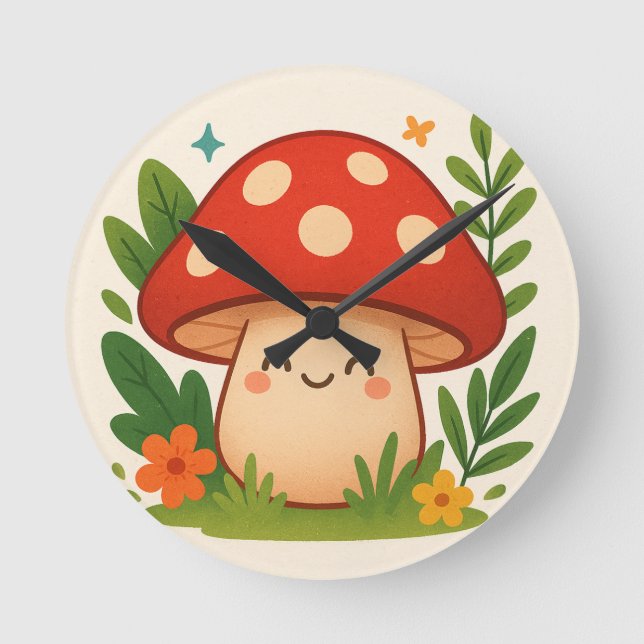 Cute Aesthetic Mushroom Wall Clock Runde Wanduhr (Vorderseite)