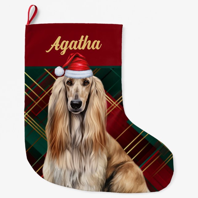 Cute Afghan Hound Dog Holiday Plaid Personalized Großer Weihnachtsstrumpf (Vorderseite)