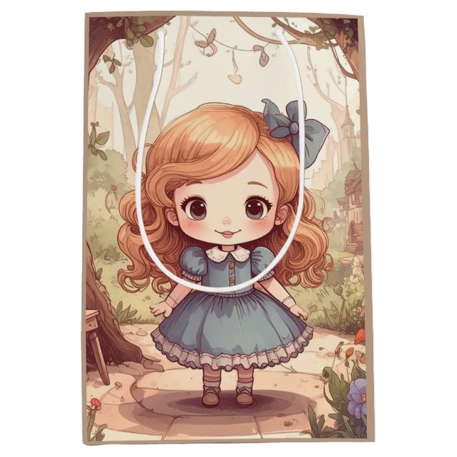 Cute Alice in Wonderland Whimsical Woodland Art Mittlere Geschenktüte (Vorderseite)