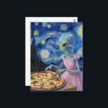 Cute Alien in Pink Dress Eats Pizza Faux Van Gogh Postkarte<br><div class="desc">An alien in a pretty pink dress eating some pizza in a faux Van Gogh  AI generated art</div>