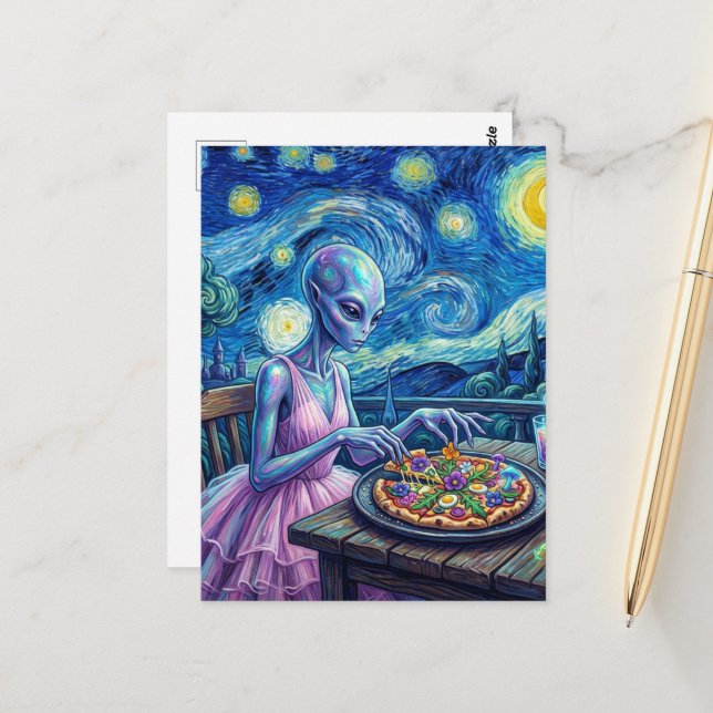 Cute Alien in Pink Dress Eats Pizza Faux Van Gogh Postkarte (Vorderseite/Rückseite Beispiel)