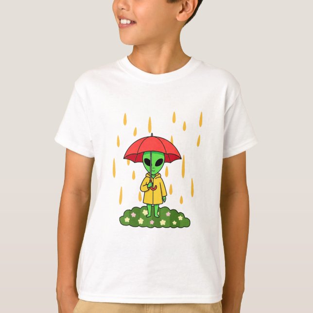 Cute Alien With Umbrella in Rain Kawaii Character T-Shirt (Vorderseite)