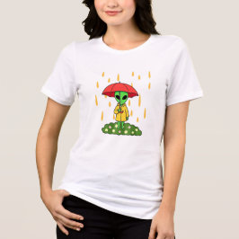 Cute Alien With Umbrella in Rain Kawaii Space Char Tri-Blend Shirt
