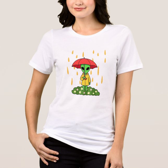Cute Alien With Umbrella in Rain Kawaii Space Char Tri-Blend Shirt (Vorderseite)