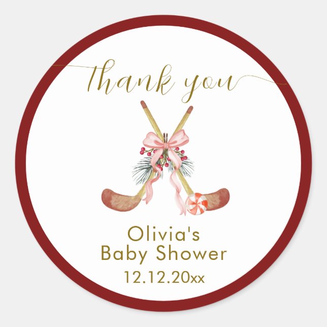 Cute All Stars Bow Hockey Girl Baby Shower Runder Aufkleber (Vorderseite)