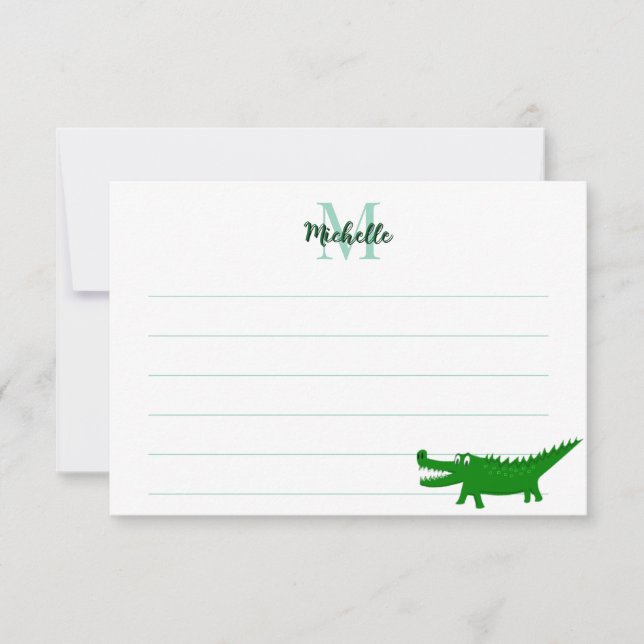  Cute Alligator Drawing Lined Monogram Custom Mitteilungskarte (Vorderseite)