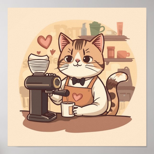 Cute and Funny Cozy Cartoon Barista Cat Poster (Vorne)