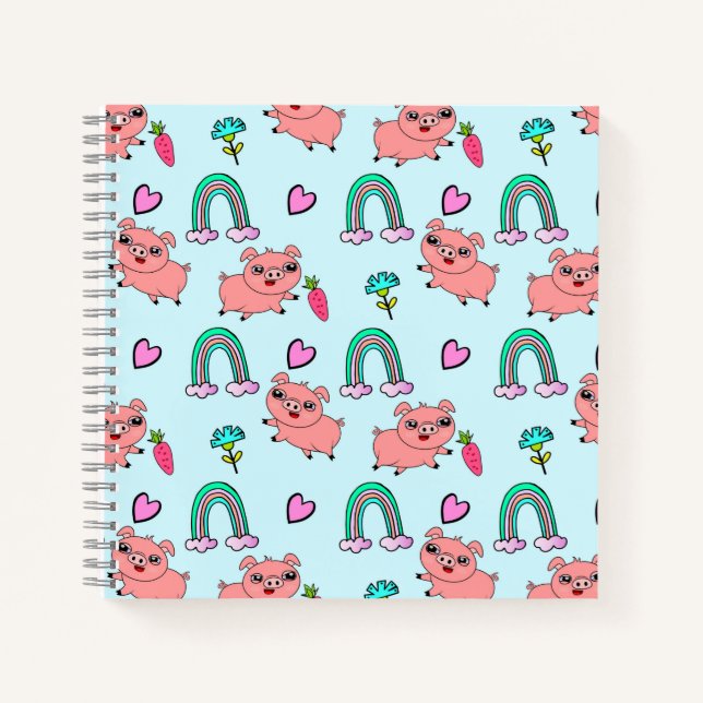 Cute and Quirky Pigs and Rainbows Pattern Notizbuch (Vorderseite)