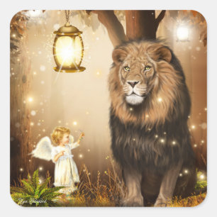 Cute Angel und Lion Fantasy Quadratischer Aufkleber