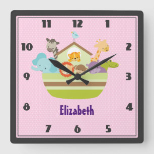 Cute Animal Ark on Pink Polka Dots Nursery Style Quadratische Wanduhr