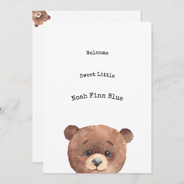 Cute Animal Brown Bear Sweet Baby Announcement Einladung (Vorne/Hinten)