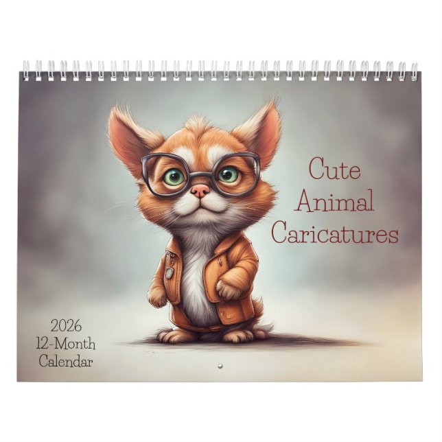 Cute Animal Caricatures 2026 Calendar 12 Months Kalender (Titelbild)