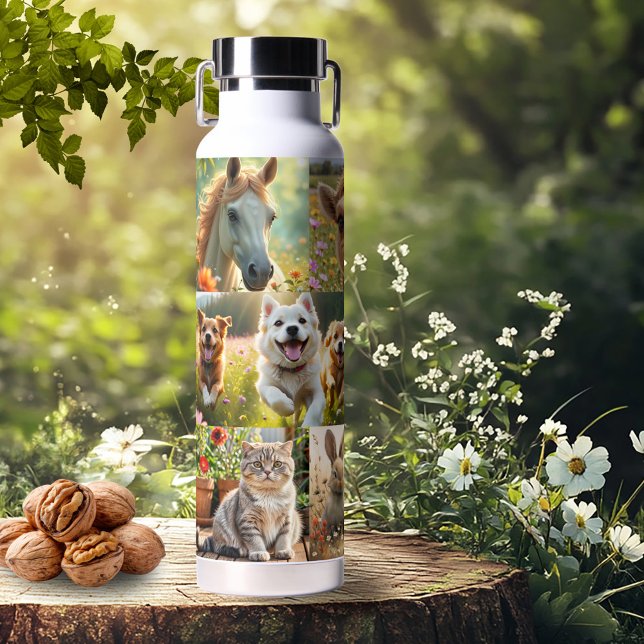 Cute Animals and Pets Artistic Photo Collage Trinkflasche (Water bottle featuring a personalized animal or pet photo collage)