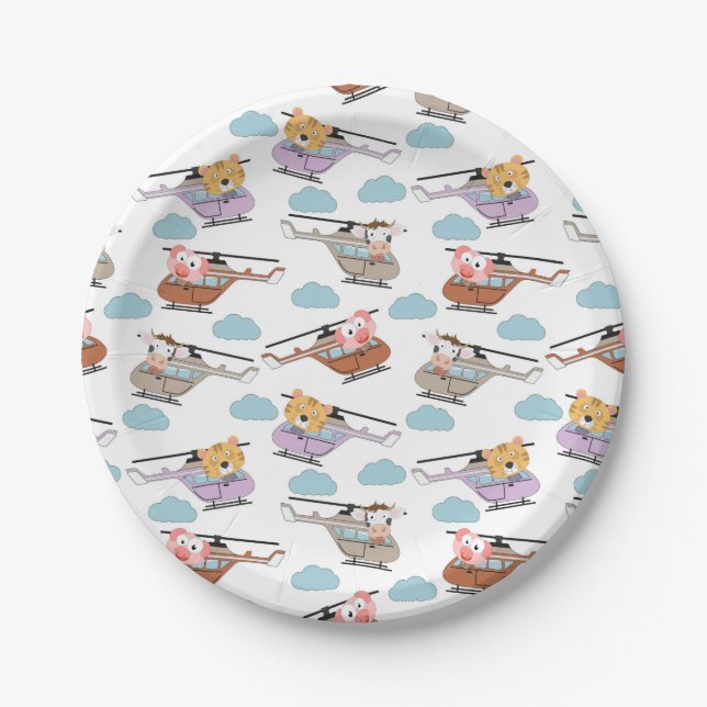 Cute Animals In Helicopter Pattern Pappteller (Vorderseite)