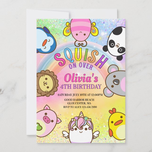  Cute animals Squish Girl Birthday party Einladung (Vorderseite)