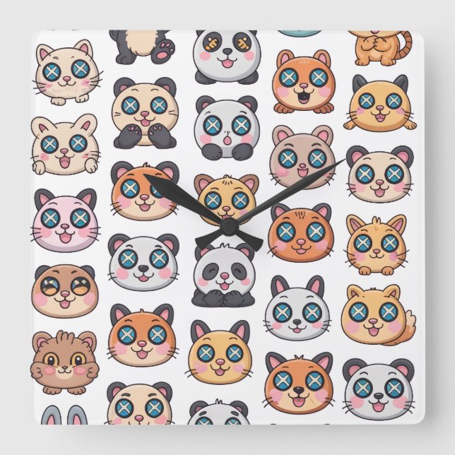 Cute Animals Sticker Sheet Adorable Cartoon Charac Quadratische Wanduhr (Vorderseite)