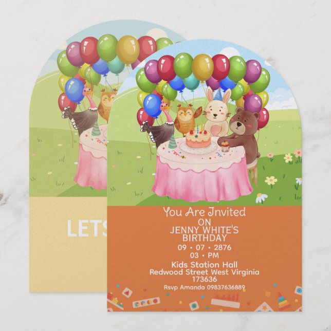 Cute Animals Themed kids Birthday Invitation  Einladung (Vorne/Hinten)