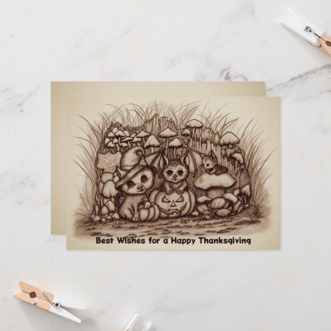 Cute Animals waiting for Thanksgiving Einladung (Vorderseite/Rückseite Beispiel)