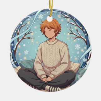 Cute Anime Boy Drinking Coffee in Winter Keramik Ornament