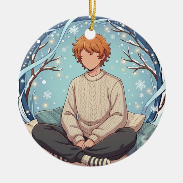 Cute Anime Boy Drinking Coffee in Winter Keramik Ornament (Vorne)