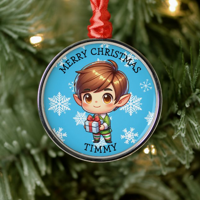 Cute Anime Boy Elf Personalized Christmas Ornament Aus Metall (Baum)