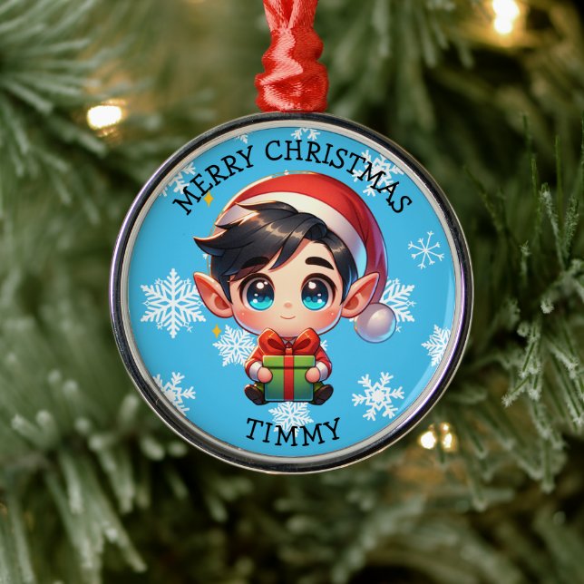 Cute Anime Boy Elf Personalized Christmas Ornament Aus Metall (Baum)