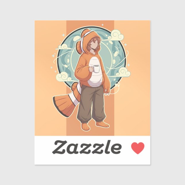 Cute Anime Boy in Clownfish Costume drinking Coffe Aufkleber (Blatt)