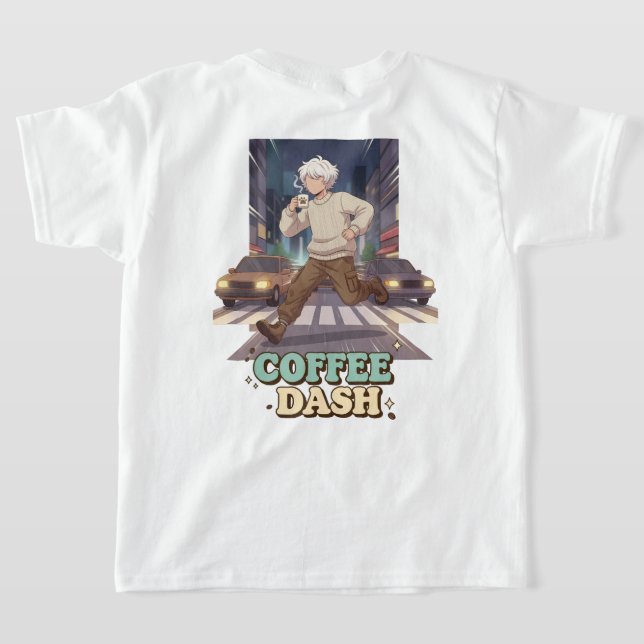 Cute Anime Boy Running in the City with Coffee T-Shirt (AblageHinten)