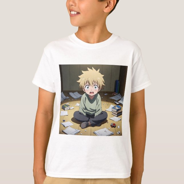 Cute Anime Boy Surprised in Messy Room – Emotional T-Shirt (Vorderseite)