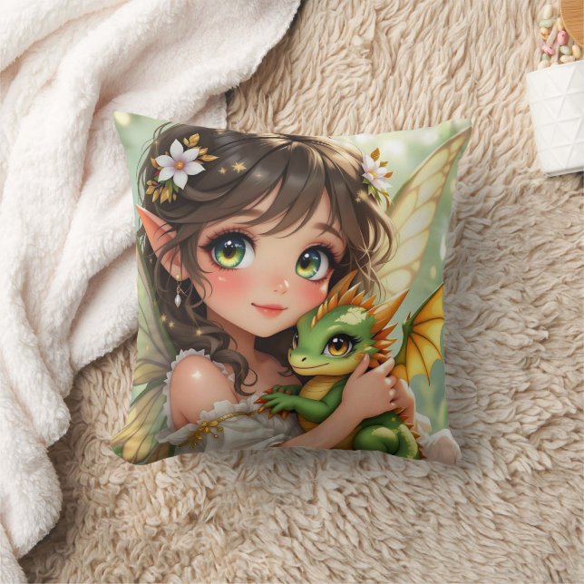 Cute Anime Fairy and Chibi Dragon  Kissen (Decke)