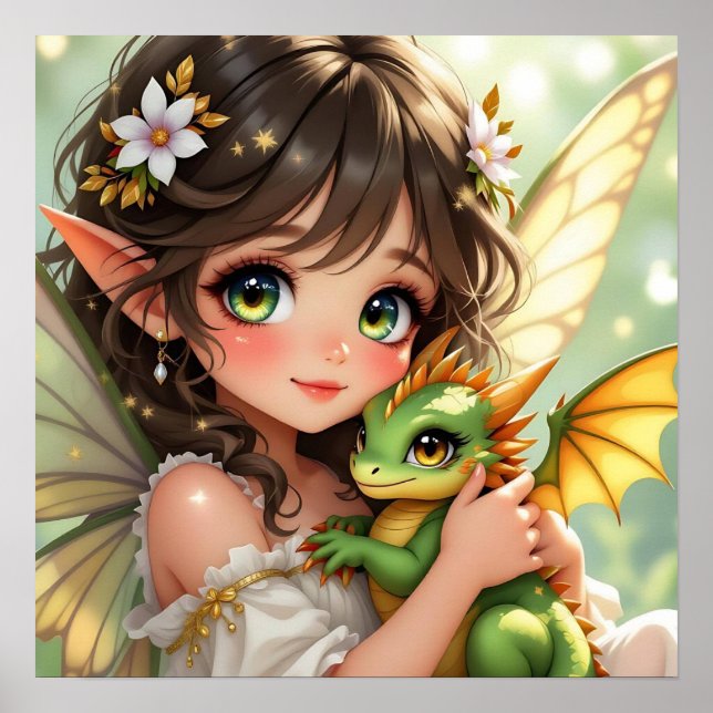 Cute Anime Fairy and Chibi Dragon  Poster (Vorne)
