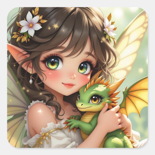 Cute Anime Fairy and Chibi Dragon  Quadratischer Aufkleber (Vorderseite)