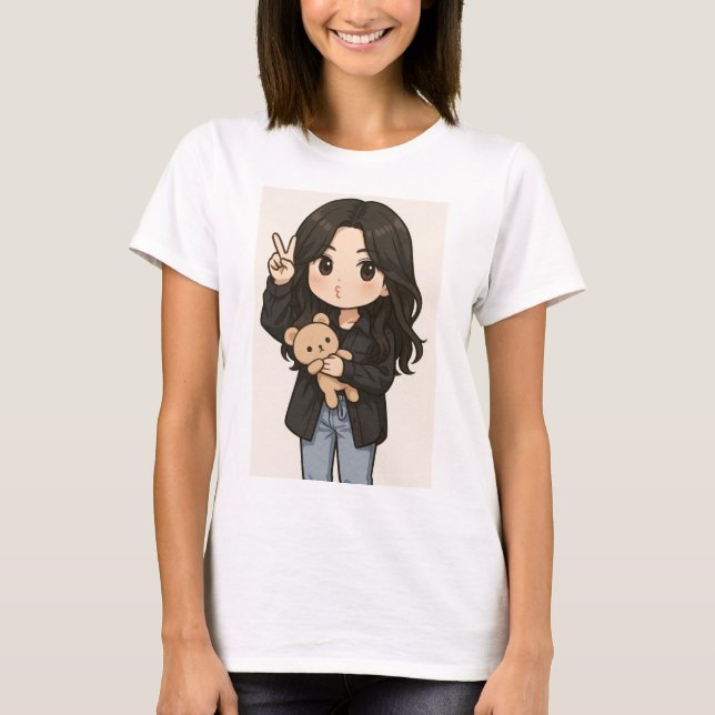 Cute Anime Girl with teddy bear peace sign T-Shirt (Vorderseite)