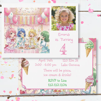 Cute Anime Girl's Ice Cream Birthday Party Photo Einladung