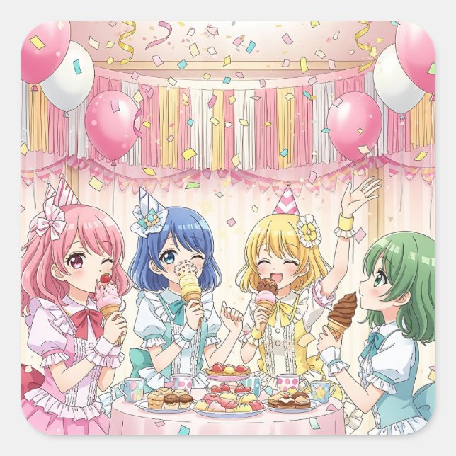 Cute Anime Girl's Ice Cream Birthday Party   Quadratischer Aufkleber (Vorderseite)