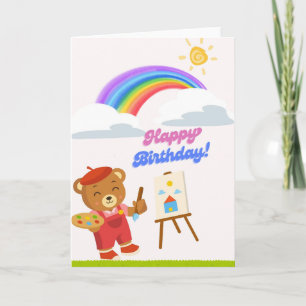 Cute Artist Bear Birthday Card - Rainbow Painting Karte