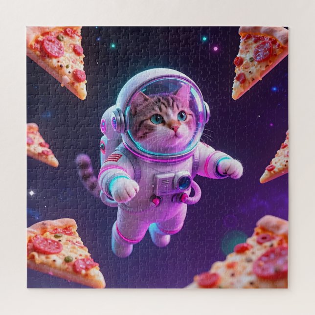 Cute Astronaut Cat Floating Pizza Space Adventure Puzzle (Vertikal)