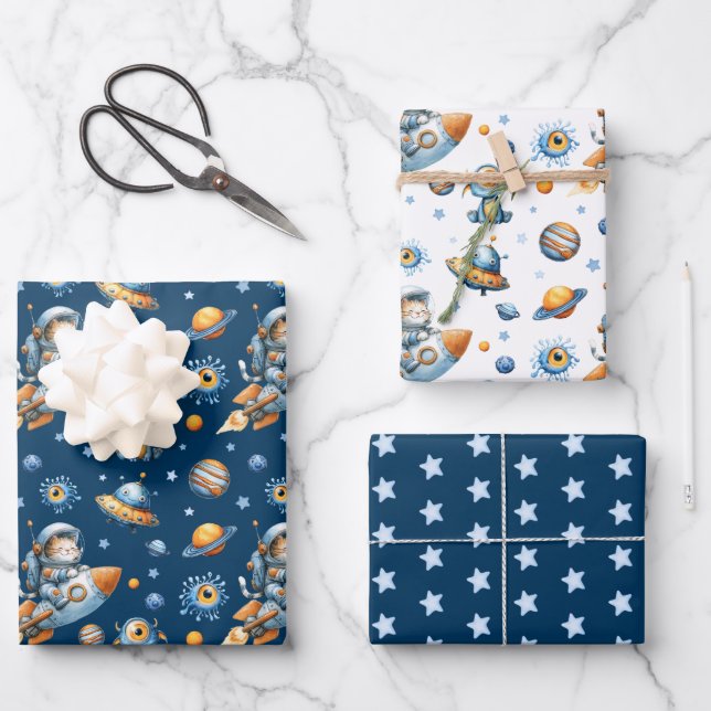 Cute Astronaut Cat Galaxy Pattern Navy Blue Space Geschenkpapier Set (Vorderseite)