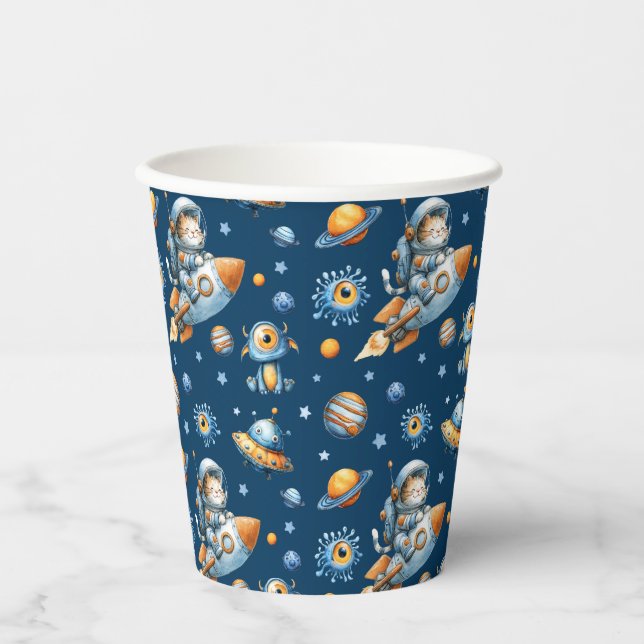 Cute Astronaut Cat Galaxy Pattern Space Navy Blue Pappbecher (Vorderseite)