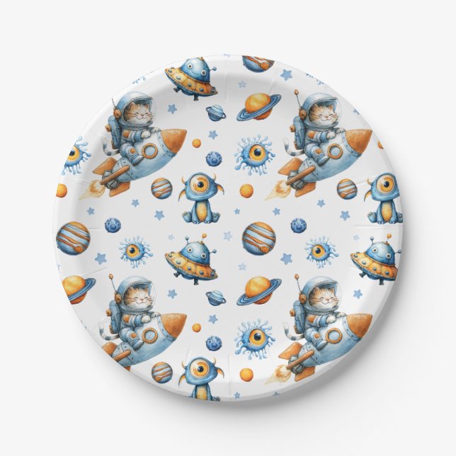 Cute Astronaut Cat Outer Space Pattern Galaxy  Pappteller (Vorderseite)