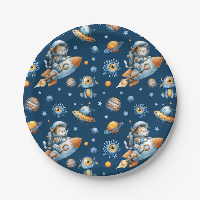 Cute Astronaut Cat Space Galaxy Pattern Navy Blue  Pappteller (Vorderseite)
