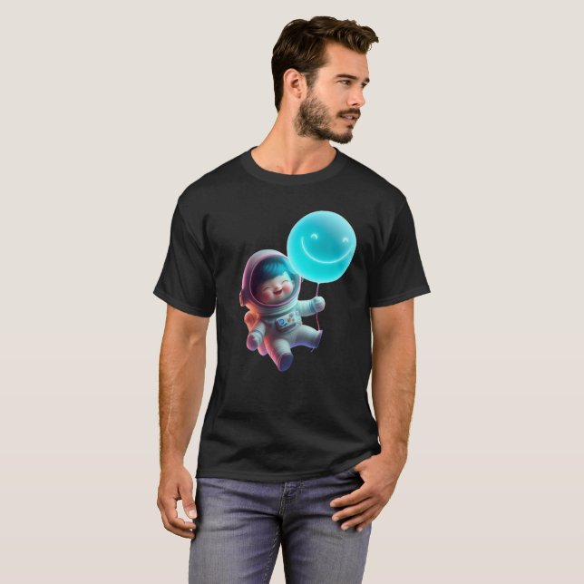 Cute Astronaut Floating in Galaxy - Neon Space AI T-Shirt (Vorne ganz)