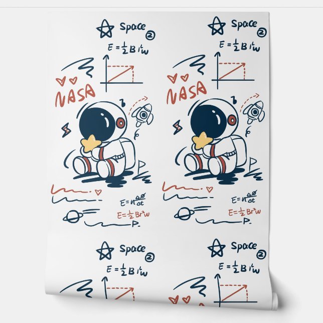  Cute Astronaut Space Cartoon Kids Room Wallpaper Tapete (Abrollen)