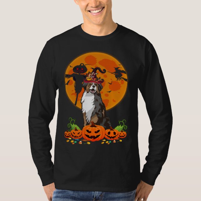 Cute Australian Shepherd Dog Witch Pumpkin Hallowe T-Shirt (Vorderseite)