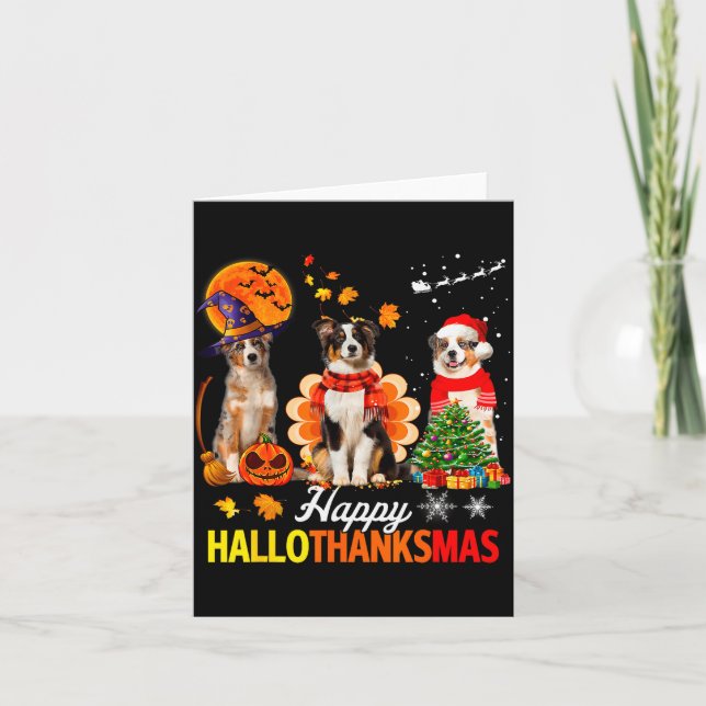 Cute Australian Shepherd Happy Hallothanksmas Xmas Karte (Vorderseite)